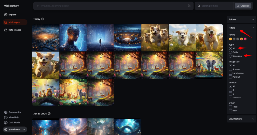 Sorting options in your Midjourney gallery