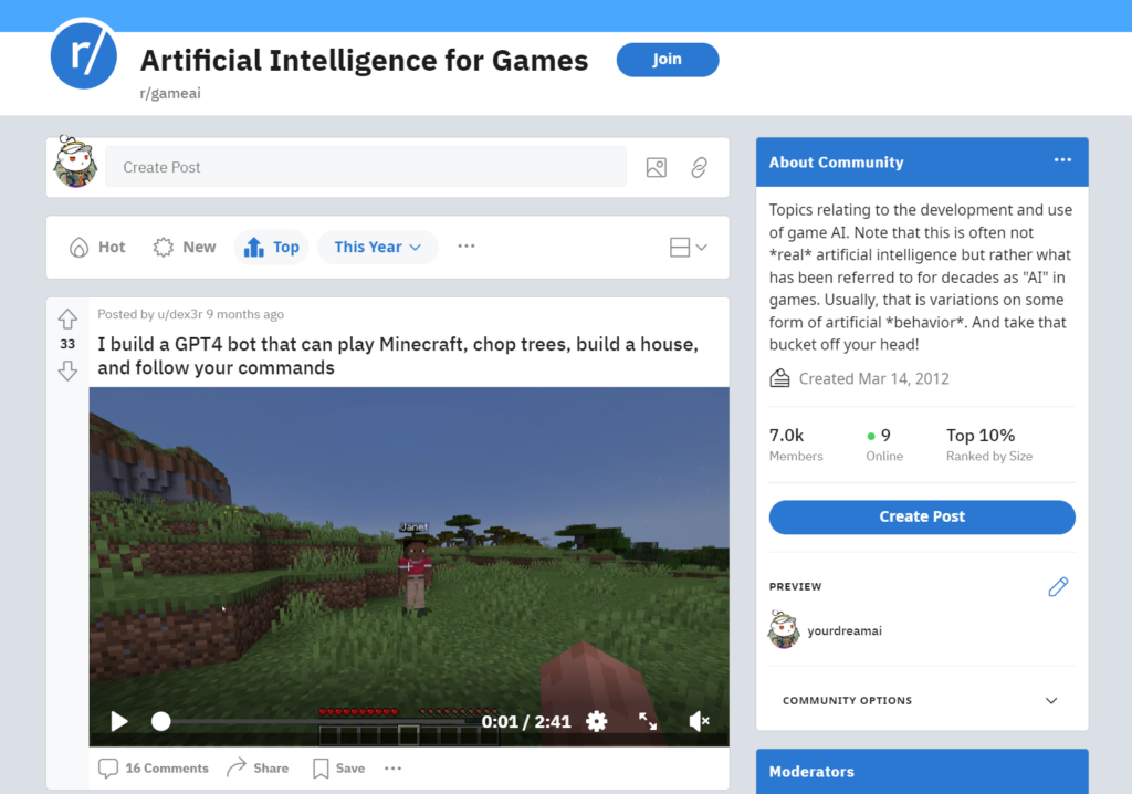 Artificial Intelligence for Games subreddit