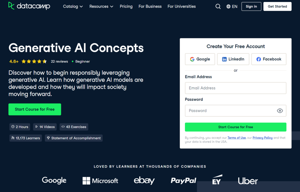 Generative AI Concepts course on DataCamp