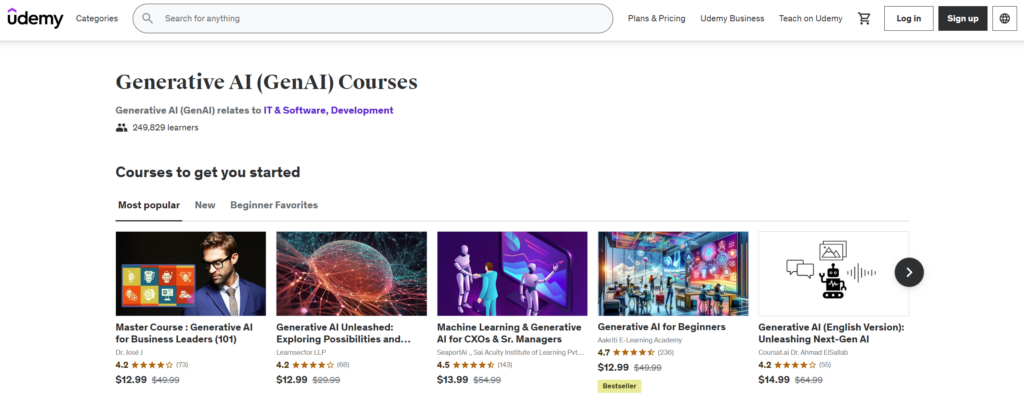 Overview of generative AI courses on Udemy